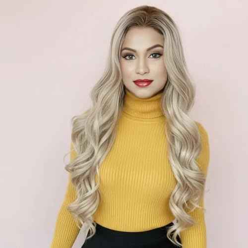 IMSTYLE Ombre Blonde Lace Front Wigs Long Wavy Synthetic Hair Wig for Women Thick Soft Heat Resistant Hair Wig With Natural Hairline Part Freely 26 Inch