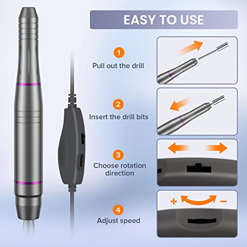 Portable Electric Nail Drill, Professional Electric Nail Drill for Acrylic Nails Gel, Low Vibration Safe, 20000 RPM Adjustable Speed File for Home Salon Use,Grinding Polishing Trimming Purple