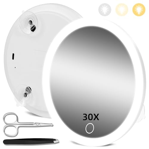 White 30X Magnifying Lighted Makeup Mirror with 3 Suction Cups - 6" Diameter