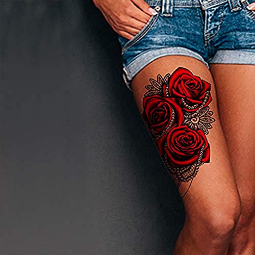 Red Rose Black Lace Temporary Tattoo - 4 Pack Waterproof