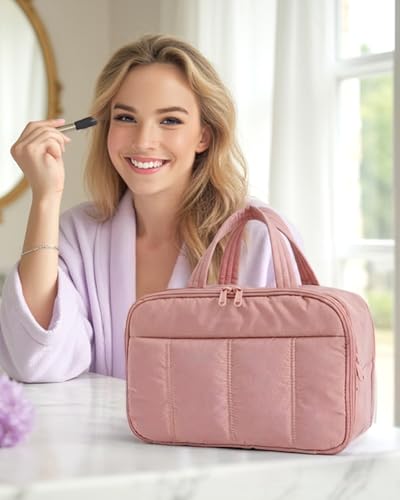 BAGSMART Dark Pink Puffy Travel Toiletry Bag with Handle, Large Organizer for Women