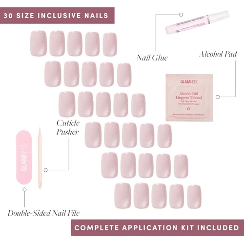 Glamnetic Press On Nails & Brush On Nail Glue Bundle - Pinky Promise | Glossy, Velvet Short Squoval Fake Nails, Reusable | 15 Sizes - 30 Nail Kit with Glue