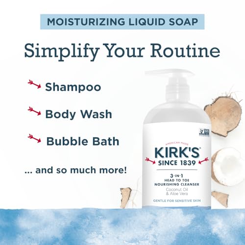 Kirk's 3-in-1 Head to Toe Nourishing Cleanser & Travel Size Bar Soap - for Men, Women & Children, Made with Premium Coconut Oil and Aloe Vera, Non-GMO & Vegan, Original Fresh Scent, 32 Fl Oz.