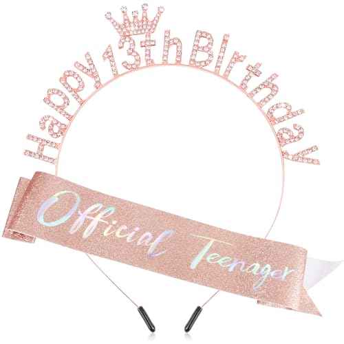 13th Birthday Decorations for Girls Official Teenager Sash 13 Year Old Tiara Crown Headbands Thirteen Hair Band Happy 13th Birthday Gifts for Girls Rose Gold