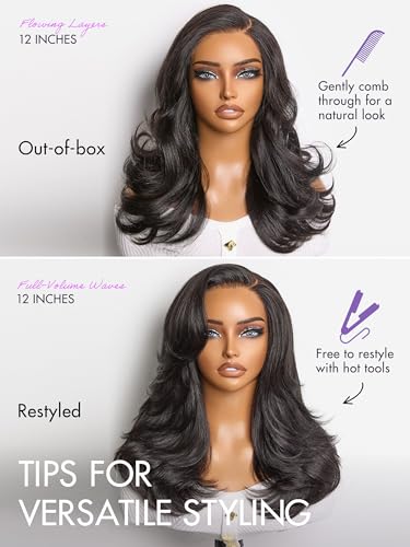 LUVME 12 Inch Layered Wavy Human Hair Bob Wig - Natural Black, Glueless HD Lace Short Wig