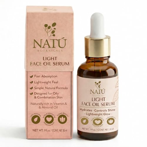 NAT? BOTANICALS Light Face Oil Serum for Oily & Combination Skin - Vitamin A from Sweet Almond & Lightweight Botanical Blend with Tea Tree Oil - Fast Absorbing, Hydrating & Naturally Aromatic - 1fl oz