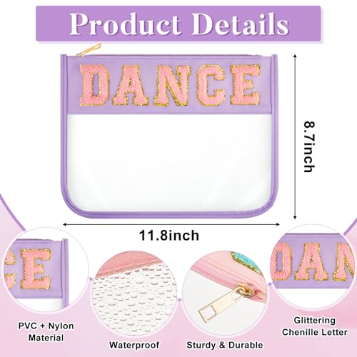 Aliceset 12 Pcs Dance Gifts for Women Cosmetic Bag with Chenille Letter Patches Dancer Clear Makeup Bag Toiletry Zipper Pouch for Travel Women Girls Storage (Multicolor)