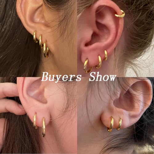 4 Pairs Gold Hoop Earrings Set for Women, 14k Gold Plated Cartilage Hoop Earring Hypoallergenic Non Tarnish Small Hoop Earrings for 2nd 3rd Hole Gold Huggie Hoop Earrings for Women Men Gifts (Gold)