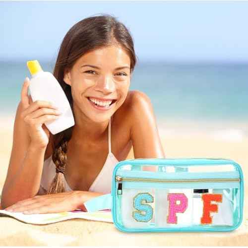 Pinkunn Chenille Letter Bag Clear Makeup Pouch Cute Preppy Letter Patch Cosmetic Bag with Zipper Nylon Waterproof Portable Travel Purse Toiletry Organizer for Appreciation Gift(Teal,Spf)