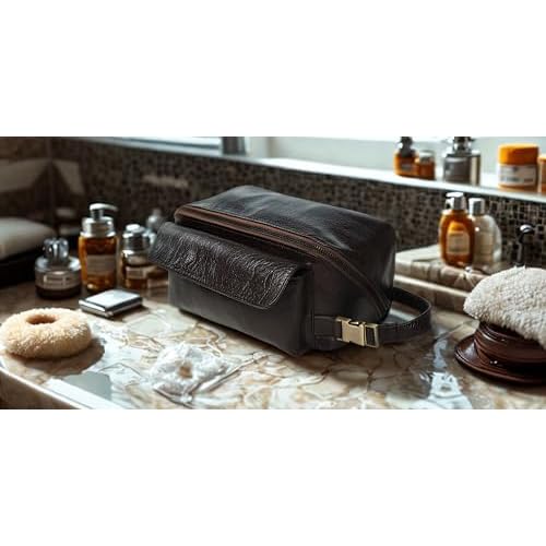 Coyote Bay¢ç Flypouch Premium Full Grain Soft Leather Toiletry Bag, Large 9 Inch, Makeup Bag, Travel Organizer Pouch, Shaving Kit, Cosmetics Toiletry Bathroom Organizer (Brown, Large)