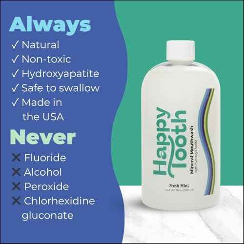 Happy Tooth Hydroxyapatite Mouthwash, Fluoride Free, Teeth Whitening, Remineralizing for Enamel Strength, Fresh Breath, Oral Microbiome Support, Dentist Formulated, Gentle Care, Fresh Mint, 20 Fl Oz