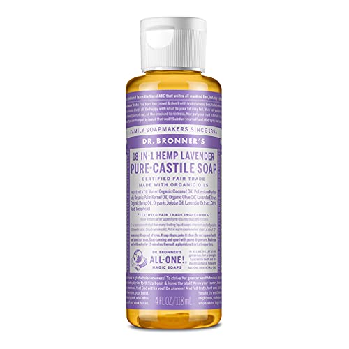 Dr. Bronner's - Pure-Castile Liquid Soap (Lavender, 4 ounce) - Made with Organic Oils, 18-in-1 Uses: Face, Body, Hair, Laundry, Pets and Dishes, Concentrated, Vegan, Non-GMO