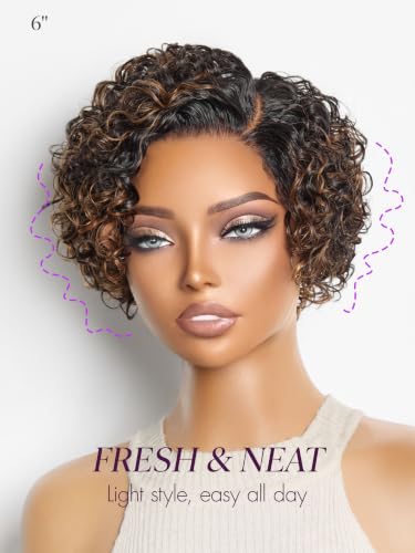 LUVME Hair Pixie Cut Water Wave Wig 6 Inch Highlight Pixcut Glueless Short Style