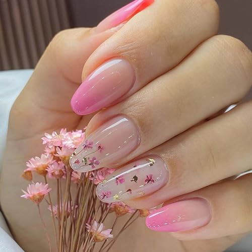 Gradient floral elements Cute Nails Pink and tender Press on Nails Short Almond Fake Nails French Dopamine Style Summer Glue on Nails for Women and Girls Spring romantic girly style Manicure(24 PCS)