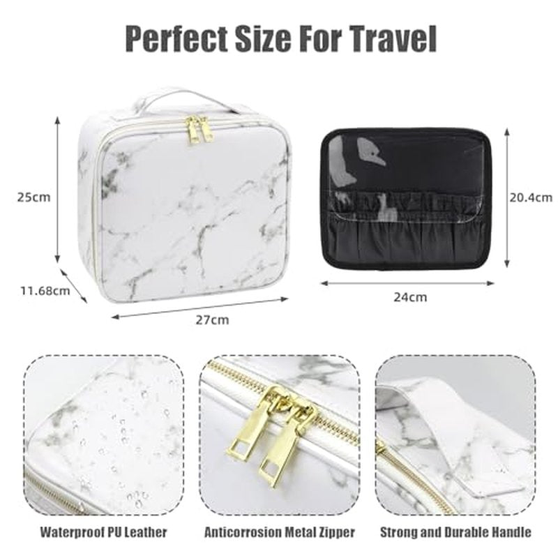 Makeup Bag with Mirror and Light, Makeup Case with Lighted Mirror, Travel Makeup Bag with Light up Mirror 3 Color Lights, Makeup Organizer Bag with Adjustable Dividers & Brush Holder(Marble)