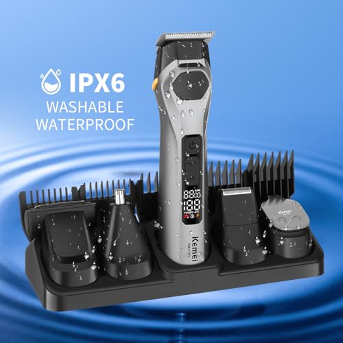 KEMEI Professions Beard Trimmer for Men Cordless IPX6 Waterproof Mens Beard Trimmer for Night Lighting Lamp Rechargeable for Nose, Body, Face and Mustache with LED Display Gifts Mens KM-1791