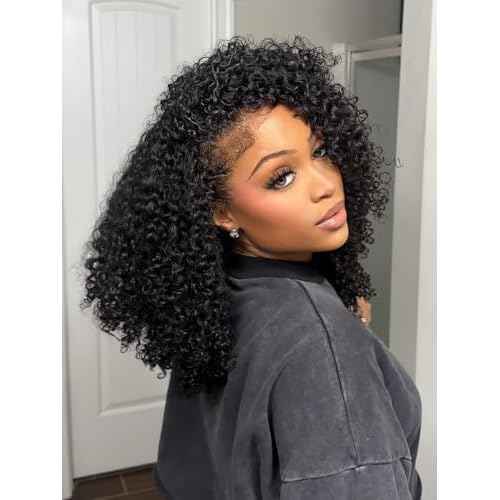 ORIGINAL QUEEN Kinky Curly Half Wig Human Hair 3 In 1 Seamless Flip Over Glueless Wigs for Women Wear Go Wig with Adjustable String Invisible Hairline Beginner Friendly 24Inch