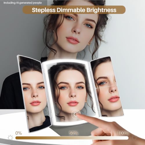 WIZCHARK Trifold Makeup Mirror with Lights, 2X/5X Magnification