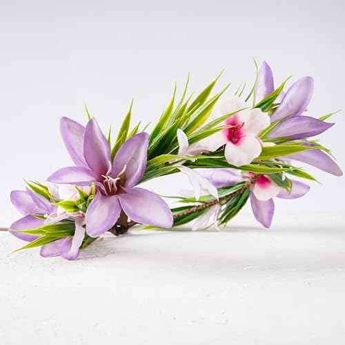 Hawaiian Leis Flower Headband - Hawaii Floral Headpiece Tropical Luau Flower Crown with Ribbon Lei Luau Dress Up Accessory Summer Beach Wedding Party Festival Photos (Purple, Pink)