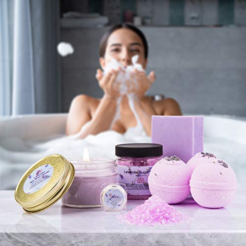 Gift Basket for Women Organic Lavender Gift Set, Bath and Body at Home, Spa Kit, Soy Wax Candle, Natural Oil Bath Salt, 3 Bath Bombs, Soap Bar, Body Sugar Scrub, for Mom, Girls - Made in USA