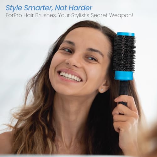 ForPro Professional Collection Expert Stylist Choice Nano Ceramic Hair Brush, 100% Natural Anion Bristle, Silicone Ergonomic Handle, 2" Ceramic Round Brush, Matte Blue