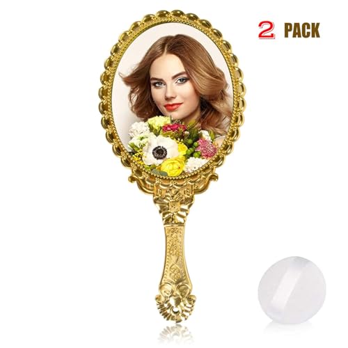 Vintage Handheld Mirror with Handle, Gold Embossed Floral (2 Pack)