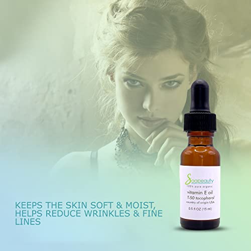 Soapeauty TOCOPHEROL T-50 Vitamin E Oil | 100% Pure and Natural | Skin, Face, Body, Nails, Scars, Dark Spots, Anti-aging, Repair | Multi-Purpose Moisturizer 0.5 fl oz