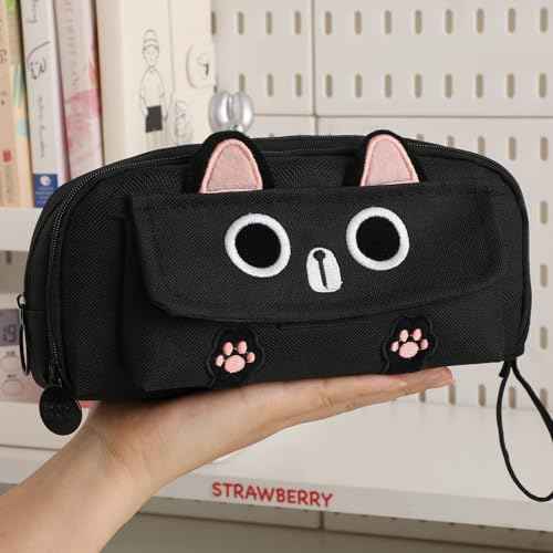 Kitty Cat Pencil/Pen Pouch 4-Layers Extra Capacity Cosmetic Organizer Pen Brush Holder Mesh Pockets (4 Layers - Black)