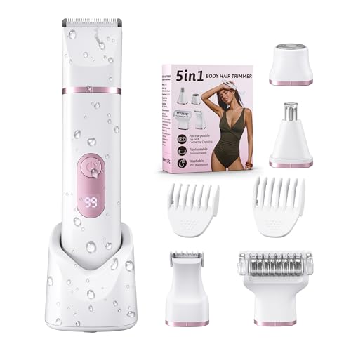 5-in-1 Bikini Trimmer for Women: IPX7 Waterproof Electric Razor Shaver for Silk Skin, Easy Cleaning, 5 Head, Rechargeable Body Hair Removal, LED Display, Ceramic Blade, Gifts for Her