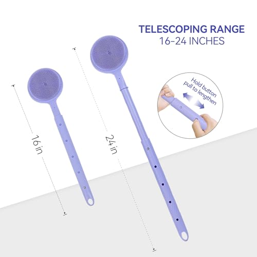 Back Scrubber for Shower, (16-24 Inch) Extendable Bath Brush Long Handle for Shower, Silicone Body Scrubber with Handle, Back Brush for Shower Men and Women,Easy to Clean (Purple)