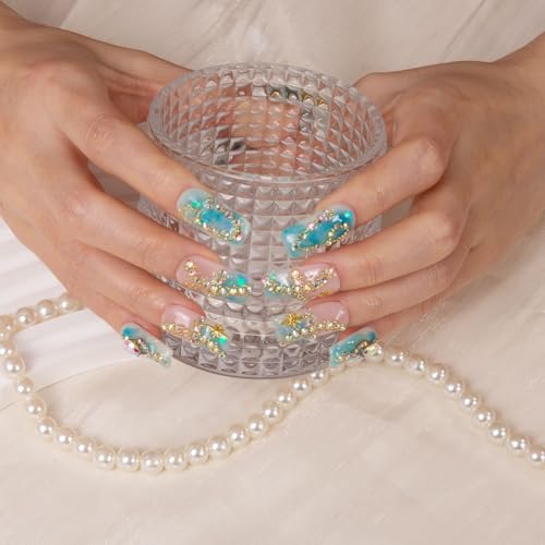 LOVFUL Press on Nails Pisces Blue French Tip| Handmade with Full Covered Crystals | Reusable Fake Nails | Square Regular 1.0 in | H157L