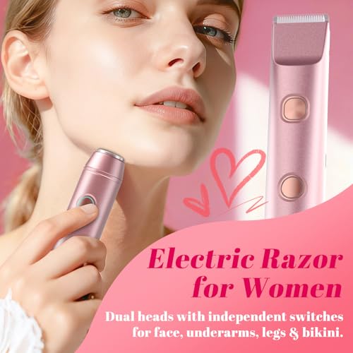 Bikini Trimmer for Women ? Dual-Head Electric Razor, IP67 Waterproof USB-C Rechargeable Shaver for Bikini Line, Underarms, Legs & Face, Rose Gold Stocking Stuffer Holiday Gift