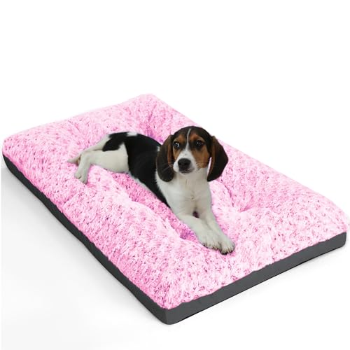 POCBLUE Deluxe Washable Dog Bed for Small Dogs Dog Crate Mat 24 inch Comfy Fluffy Kennel Pad Anti-Slip for Dogs Up to 25 lbs, 24" x 17", Pink