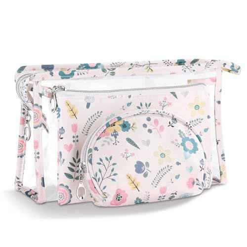 Richeart Makeup Bag, Clear Bag with Zipper, 3PC Floral Flowers Makeup Pouch, Waterproof Small Pouch, Portable Travel Toiletry Bag, C