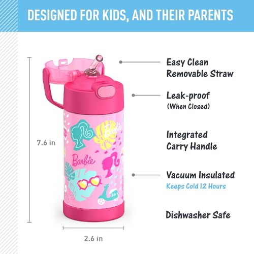 THERMOS FUNTAINER Water Bottle with Straw - 12 Ounce, Barbie - Kids Stainless Steel Vacuum Insulated Water Bottle with Lid