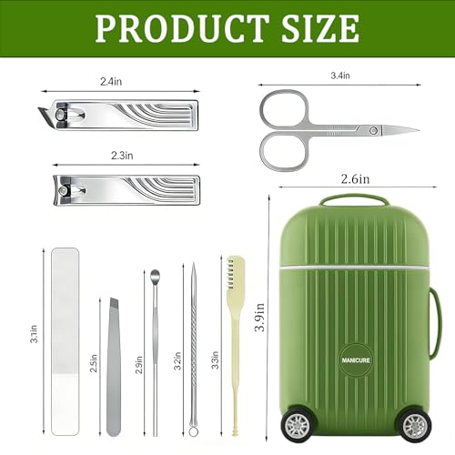 8-Piece Mini Manicure Set in Olive Green Travel Case