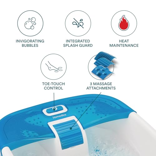 HoMedics Bubble Bliss Deluxe Foot Spa with Heat Massaging Arch, 3 Acupressure Attachments, Splash Guard, Raised Nodes Creates Bubbles, Improves Circulation, Soothe Tired Muscles