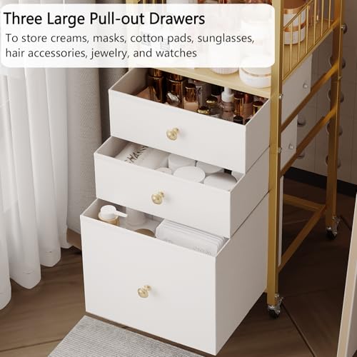 Makeup Organizer Cart with Drawers, Floor Skincare Organizers Make Up Organizers-Vanity Organizer Cosmetic Display Cases Holder for Skin Care Perfume Nail Polish Brush Hair Tool£¨Gold£©