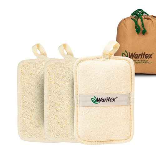 Waritex Egyptian Loofah Rectangular Body Scrubbers with Hand Strap, Exfoliating Bath Pads Made from Natural Egyptian Loofah Fibers, Gentle Deep Cleansing for Men and Women in Shower 3 Count (1 Pack)