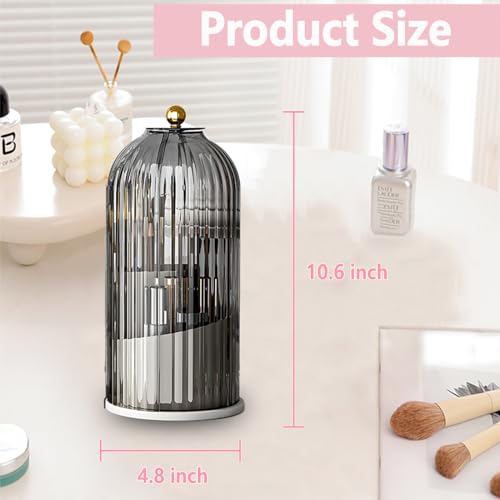Makeup Brush Holder Organizer with Lid 360 Rotating Clear Dustproof 3 Compartment Design Makeup Brushes Organizer for dressing table and Bathroom Countertop (Gray)