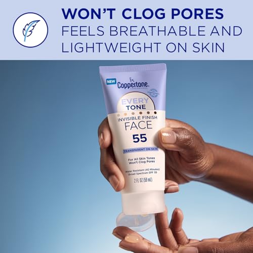 Coppertone Every Tone Invisible Finish Face Sunscreen SPF 55, Lightweight, Blends in Clear Sunscreen for All Skin Tones, 2 Fl Oz Tube (Pack of 2)