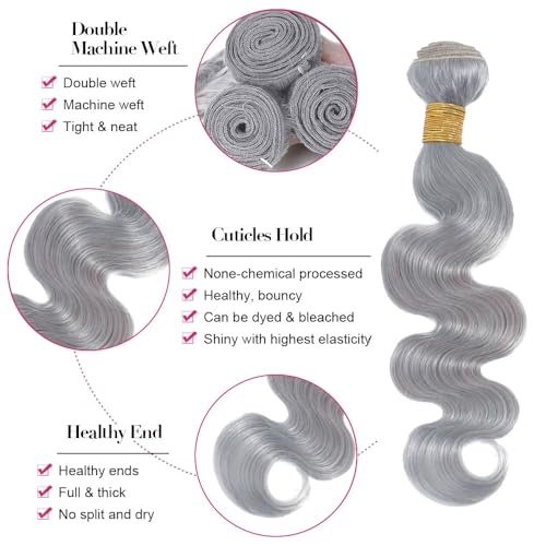 Silver Grey Body Wave Human Hair Bundles - 3 Pack, 18-22 Inch