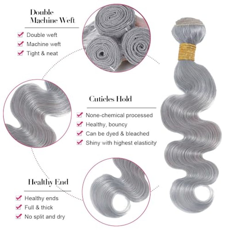 Silver Grey Body Wave Human Hair 3 Bundles 30 32 34 Inch