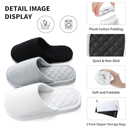 3 Pairs Closed-Toe Cotton Terry House Slippers, Comfortable Washable Indoor Slippers for Women, Portable Foldable for Guest, Travel, Hotel and Spa