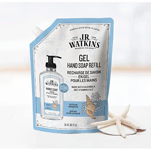 J.R. Watkins Gel Hand Soap Refill Pouch, Scented Liquid Hand Wash for Bathroom or Kitchen, USA Made and Cruelty Free, 34 fl oz, Ocean Breeze, 2 Pack