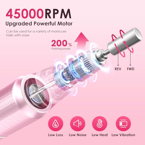 HELIVIVE Professional Electric Nail Drill - 45000RPM Portable & Rechargeable with 11 Bits
