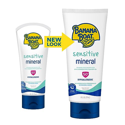 Banana Boat Sensitive 100% Mineral Sunscreen Lotion SPF 50, 6oz | Body Sunscreen, Sensitive Skin Sunblock, Oxybenzone Free Sunscreen, Banana Boat Mineral Sunscreen SPF 50, 6oz
