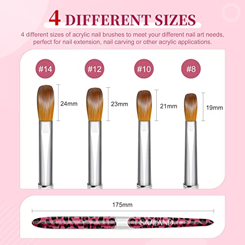 Pink SAVILAND 4-Piece Kolinsky Acrylic Nail Brush Set Sizes 8/10/12/14
