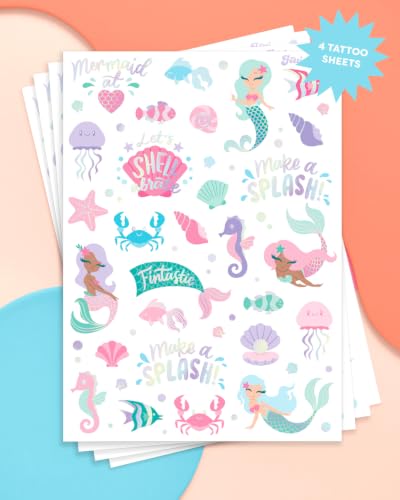 Kids Mermaid Temporary Tattoos with Iridescent Foil - 112 Designs for Party Favors