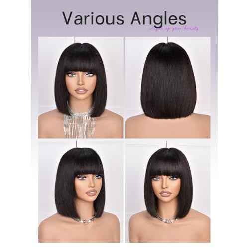 Bob Wig Human Hair 210% Density Bob Wig with Bangs 100% Human Hair Wigs for Black Women Pre-Bleached Glueless Straight Bob Wigs(10Inch,black bob wig)